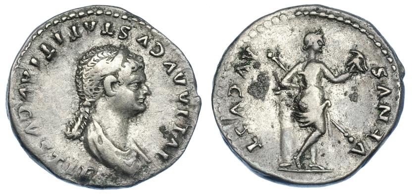 467   -  IMPERIO ROMANO. JULIA TITI. Denario. Roma (80-81). A/ busto diademado y con manto a der.; IVLIA AVGVSTA TITI AVGVSTI F. R/ Venus desnuda a der. con casco y lanza apoyada en columna; VENVS AVGVST. AE 3,59 g. 19,2 mm. RIC-388. Concreciones en rev. MBC/MBC-. Muy escasa.