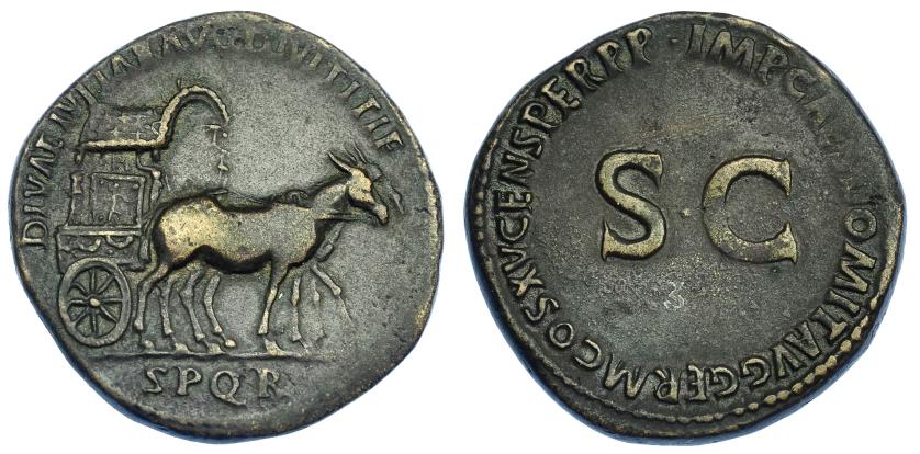 468   -  IMPERIO ROMANO. JULIA TITI (bajo Domiciano). Sestercio. Roma (90-91). A/ Carpentum tirado por dos mulas a der.; DIVAE IVLIAE AVG DIVI TITI F; exergo SPQR. R/ SC rodeado por IMP CAES DOMIT AVG GERM COS XV CENS PER P P. AE 22,11 g. 34,2 mm. RIC-717. MBC. Rara.