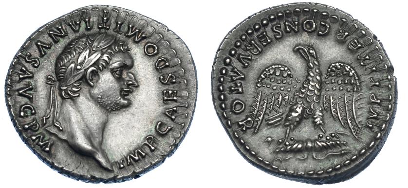 474   -  IMPERIO ROMANO. DOMICIANO. Denario. Roma (82-83 d.C.). A/ Cabeza laureada a der.; IMP CAES DOMITIANVS AVG P M. R/ Águila con alas abiertas y cabeza a izq. sobre haz de rayos; IVPPITER CONSERVATOR. AR 3,68 g. 19,2 mm. RIC-144. Cuidada acuñación y centraje. Pátina gris. SC. Rara.