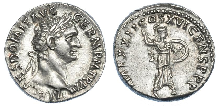 476   -  IMPERIO ROMANO. DOMICIANO. Denario. Roma (92-93 d.C.). A/ Cabeza laureada a der.; IMP CAES DOMIT AVG GERM P M TR P XII. R/ Minerva avanzando a der. con lanza y escudo; IMP XXII COS XVI CENS P P P. AR 3,45 g. 18,1 mm. RIC-739. EBC-.