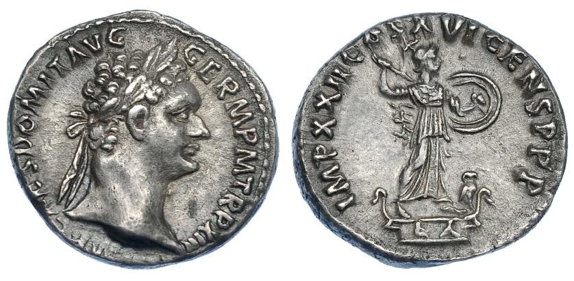 477   -  IMPERIO ROMANO. DOMICIANO. Denario. Roma (93-94 d.C.). A/ Cabeza laureada a der.; IMP CAES DOMIT AVG GERM P M TR P XIII. R/ Minerva con lanza y escudo a der. sobre columna rostral, a sus pies lechuza; IMP XXII COS XVI CENS P P P. AR 3,58 g. 17,9 mm. RIC-762. Ligera pátina. EBC.