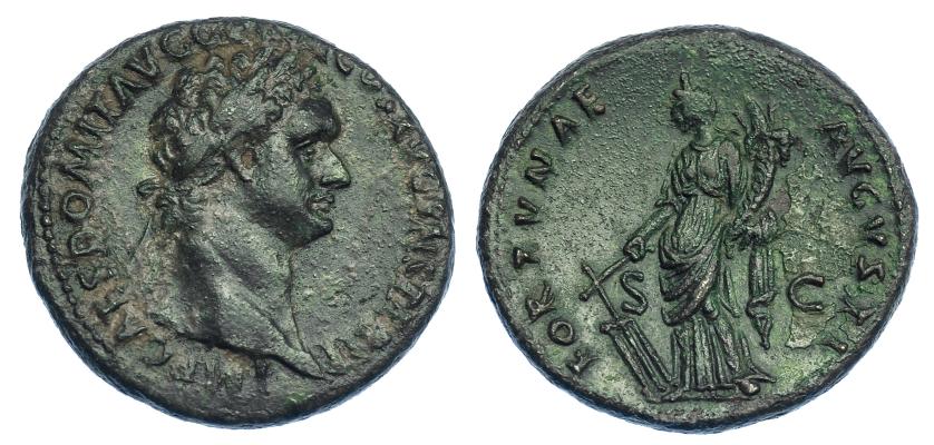 485   -  IMPERIO ROMANO. DOMICIANO. As. Roma (90-91 d.C.). A/ Busto laureado a der.; IMP CAES DOMIT AVG GERM COS XV CENS PER P P. R/ Fortuna a izq. con timón y cornucopia; FORTVNAE AVGVSTI, SC. AE 11,72 g. 28,5 mm. RIC-707. Pátina verde. MBC/MBC+.