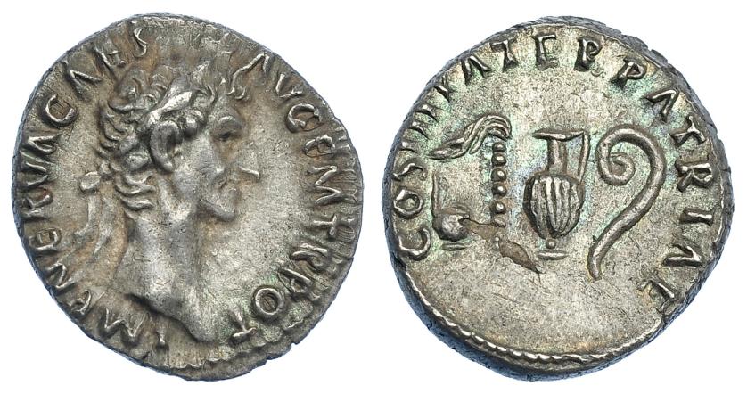 490   -  IMPERIO ROMANO. NERVA. Denario. Roma (97 d.C.). A/ Cabeza laureada a der.; IMP NERVA CAES AVG P M TR POT. R/ Instrumentos pontificales; COS III PATER PATRIAE. AR 3,67 g. 17,8 mm. RIC-24. Hoja en rev. EBC-.