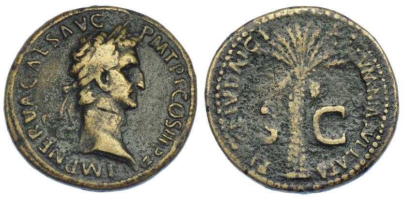 492   -  IMPERIO ROMANO. NERVA. Sestercio. Roma (97 d.C.). A/ Cabeza laureada a der.; IMP NERVA CAES AVG P M TR P COS III P P. R/ Palmera; FISCI IVDAECI CALVMNIA SVBLATA, S-C. AE 21,03 g. 35,4 mm. RIC-82. Pátina oscura irregular. MBC-/BC+. Muy rara.