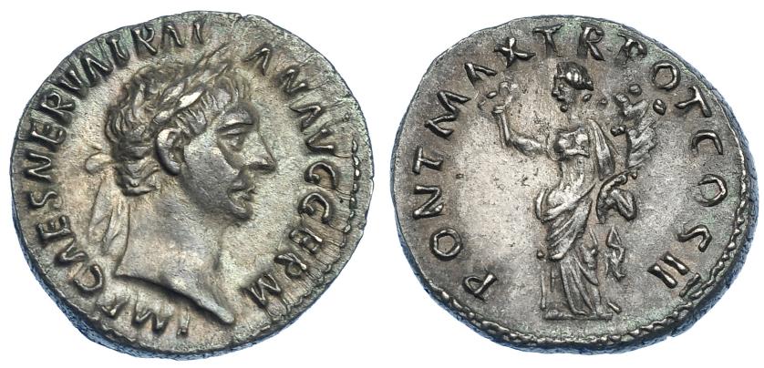 494   -  IMPERIO ROMANO. TRAJANO. Denario. Roma (98-99 d.C.). a/ Cabeza laureada a der.; IMP CAES NERVA TRAIAN AVG GERM. R/ Pax a izq. con rama y cornucopia; PONT MAX TR POT COS II. AR 3,44 g. 18,4 mm. RIC-17. Pátina gris. EBC-.