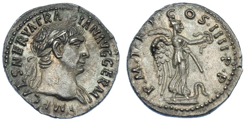 495   -  IMPERIO ROMANO. TRAJANO. Denario. Roma (101-102). A/ Cabeza laureada a der.; IMP CAES NERVA TRAIAN AVG GERM. R/ Victoria a der. con palma y corona sobre proa; P M TR P COS IIII P P. AR 3,08 g. 18,7 mm. RIC-59. Ligera pátina. EBC+. 