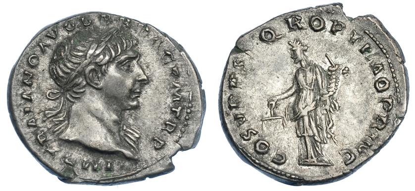 496   -  IMPERIO ROMANO. TRAJANO. Denario. Roma (103-111). A/ Busto laureado a der.; con manto sobre el hombro izq.; IMP TRAIANO AVG GER DAC P M TR P. R/ Aequitas a izq. con balanza y cornucopia; COS V P P SPQR OPTIMO PRINC. AR 3,40 g. 19,5 mm. RIC-119. Ligera pátina. EBC/MBC+.