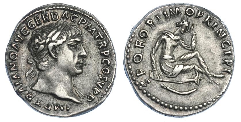 497   -  IMPERIO ROMANO. TRAJANO. Denario. Roma (103-111). A/cBusto laureado a der. con manto sobre el hombro izq.; IMP TRAIANO AVG GER DAC P M TR P COS V P P. R/ Dacio sentado sobre escudo a der. en actitud abatida, debajo espada curva; SPQR OPTIMO PRINCIPI. AR 3,50 g. 17,8 mm. RIC-218. MBC. Escasa.