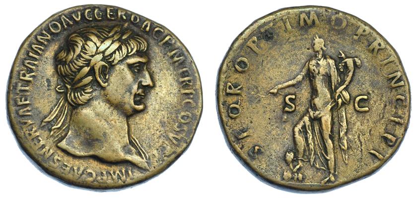 503   -  IMPERIO ROMANO. TRAJANO. Sestercio. Roma (103-111). A/ Busto laureado a der. con égida sobre el hombro izq.; IMP CAES NERVAE TRAIANO AVG GER DAC P M TR P COS V P P. R/ Pax a izq. con rama y cornucopia pisando un dacio; S P Q R OPTIMO PRINCIPI SC. AE 25,37 g. 33,1 mm. RIC-503. MBC+/MBC.