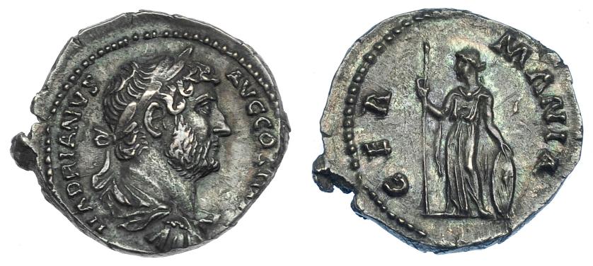 520   -  IMPERIO ROMANO. ADRIANO. Denario. Roma (134-138). A/ Busto laureado y drapeado a der.; HADRIANVS AVG COS III P P. R/ Germania mirando a izq. cn lanza y escudo; GERMANIA. AR 3,32 g. 18,6 mm. RIC-1515. Pátina gris. EBC-/EBC. Escasa. Venta privada en La Lonja del Almidón. Conserva sobre original.