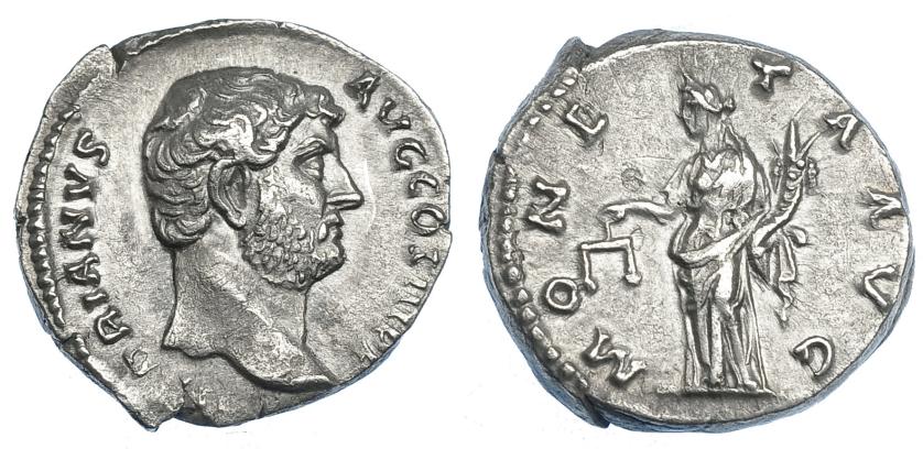 524   -  IMPERIO ROMANO. ADRIANO. Denario. Roma (134-138). A/ Cabeza a der.; HADRIANVS AVG COS III P P. R/ R/ Moneta a izq. con balanza y cornucopia; MONETA AVG. AR 3,56 g. 17,2 mm. RIC-2223. Cospel abierto. EBC-.