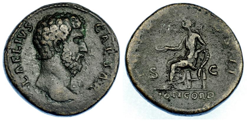 548   -  IMPERIO ROMANO. AELIO. Sestercio. Roma (137). A/ Cabeza a der.; L AELIVS CAESAR. R/ Concordia sentada a izq. con pátera y apoyada en cornucopia; TR POT COS II SC, exergo CONCORD. AE 22,10 g. 31,6 mm. RIC-2650. Pátina oscura rugosa. MBC/MBC-.