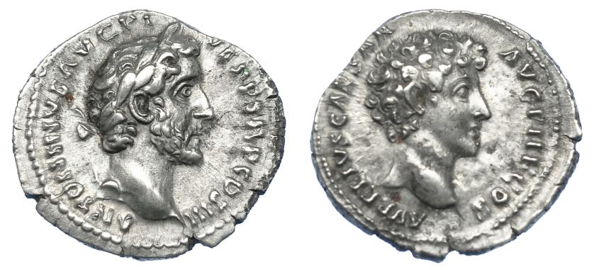 551   -  IMPERIO ROMANO. ANTONINO PÍO Y MARCO AURELIO. Denario. Roma (141). A/ Cabeza de Antonino Pío a der.; ANTONINVS AVG PIVS P P TR P COS III. R/ Cabeza de Marco Aurelio a der.; AVRELIVS CAESAR AVG PII F COS. AR 3,09 g. 19,1 mm. RIC-415b. MBC+.