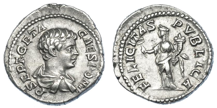 559   -  IMPERIO ROMANO. GETA. Denario. Roma (200-202). R/ Felicitas a izq. con caduceo y cornucopia; FELICITAS PVBLICA. AR 3,95 g. 18,8 mm. RIC-9A. MBC+.