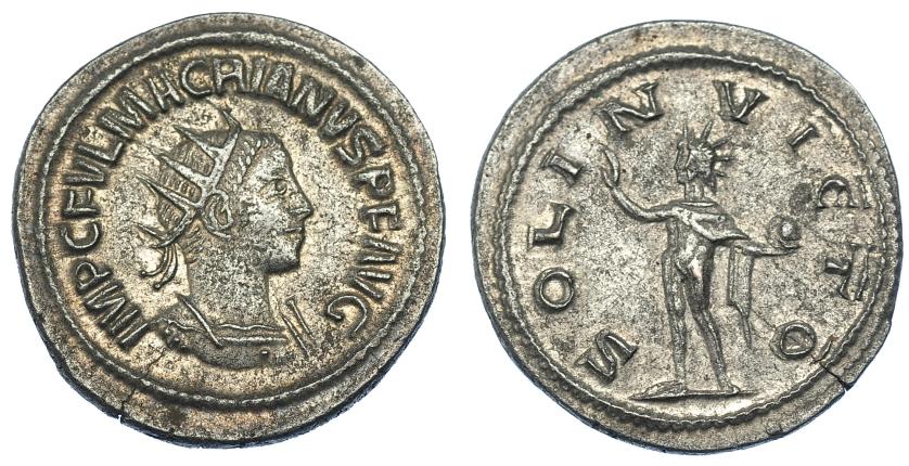 569   -  IMPERIO ROMANO. MACRIANO. Antoniniano. Antioquía (260-261). A/ Busto radiado a der., drapeado y con coraza; IMP C FVL MACRIANVS P F AVG. R/ Sol a izq. con globo; SOL INVICTO. VE 3,90 g. 22,8 mm. Fina grieta. MBC+. RIC-12. Rara.