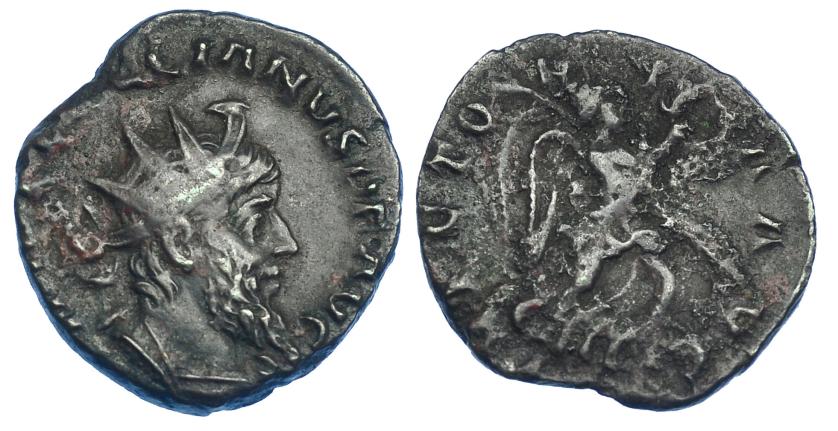 574   -  IMPERIO ROMANO. LAELIANO. Antoniniano. Moguntiacum (268). A/ Busto radiado y con coraza a der.; IMP C LAELIANVS P F AVG. R/ Victoria con corona y palma avanzando a der.; VICTORIA AVG. VE 2,64 g. 18,9 mm. RIC-9. MBC/BC. Rara.