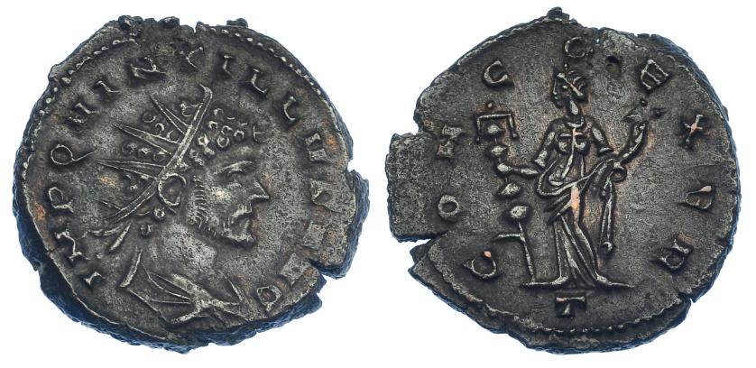 576   -  IMPERIO ROMANO. QUINTILO. Antoniniano. Mediolanum (270). R/ Concordia a izq. con cornucopia y estandarte; CONCO EXER, en exergo oficina T. VE 4,38 g. 20,3 mm. RIC-45. EBC/EBC-. Escasa.