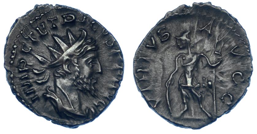 577   -  IMPERIO ROMANO. TÉTRICO I. Antoniniano. Sur de Galia (271-274). R/ Soldado a izq. con lanza y escudo; VIRTVS AVGG. VE 3,12 g. 21 mm. RIC-148. Acuñación floja en rev. EBC-. Escasa.