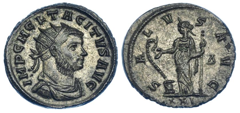 578   -  IMPERIO ROMANO. TÁCITO. Antoniniano. Siscia (275-276). R/ Salus a izq. alimentando serpiente; SALVS AVG, exergo XXI. VE 3,78 g. 21,6 mm. RIC-189. P.O. EBC. 