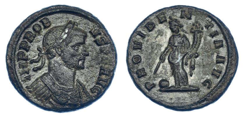 580   -  IMPERIO ROMANO. PROBO. Denario. Roma (276-282). A/ Busto laureado a der.; IMP PROBVS P F AVG. R/ Providentia a izq. con cornucopia, rama y a sus pies globo; PROVIDENTIA AVG. AR 2,17 g. 17,9 m. RIC-252. Pátina oscura rugosa. MBC. Muy escasa.