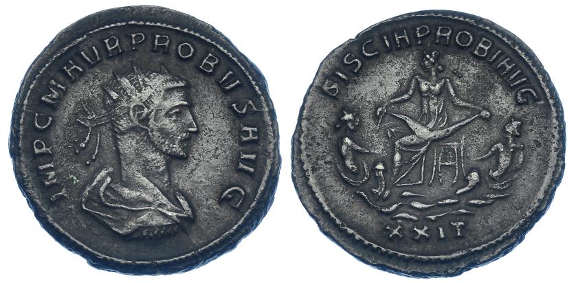 581   -  IMPERIO ROMANO. PROBO. Antoniniano. Siscia (276-278). R/ Siscia sentada entre los ríos Savus y Colapis; SISCIA PROBI AVG. VE 4,01 g. 22 mm. RIC-765. MBC. Muy rara.