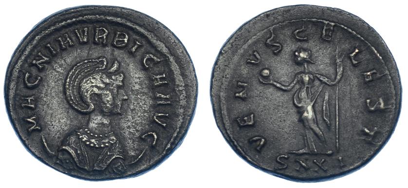 583   -  IMPERIO ROMANO. MAGNIA URBICA (esposa de Carino). Antoniniano. Ticinum (283-285). R/ Venus a izq. con cetro y manzana; VENVS CELEST, exergo SXXI. VE 5,17 g. 23,7 mm. MBC. Muy escasa.