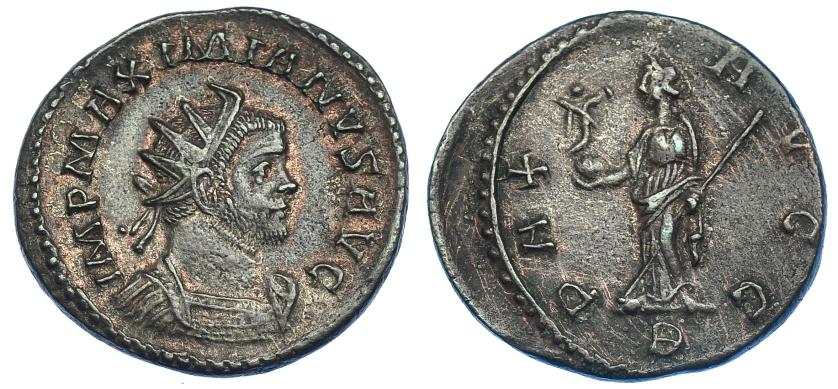 586   -  IMPERIO ROMANO. MAXIMIANO. Antoniniano. Lugdunum (291). A/ Busto radiado y con coraza a der. R/ Pax a izq. con Victoria sobre globo y cetro; PAX AVGG, exergo B. VE 3,95 g. 22,8 mm. R.B.O. MB+.