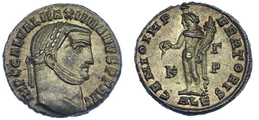 588   -  IMPERIO ROMANO. GALERIO MAXIMIANO. Follis. Alejandría. R/ Genio a izq. con pátera y cornucopia; GENIO IMPERATORIS, en campo K-G (gamma)/P. AE 6,62 g. 23,2 mm. RIC-107a. Hojita en rev. P.O. EBC/EBC+.