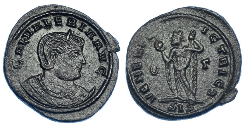 589   -  IMPERIO ROMANO. GALERIA VALERIA. Follis. Siscia (309-310). R/ Venus mirando a der. con globo; VENERI VICTRICI, en campo creciente y gamma, exergo SIS. AE 7,65 g.27,3 mm. RIC-204. Pátina oscura. MBC+.