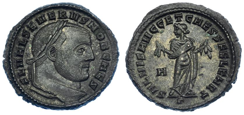 590   -  IMPERIO ROMANO. SEVERO II. Follis. Cartago (305-306). R/ Cartago a izq. con dos palmas; SALVIS AVGG ET CAESS FEL KART, en campo H, en exergo oficina gamma. AE 9,08 g. 27.6 mm. RIC 40a. EBC-. Escasa.