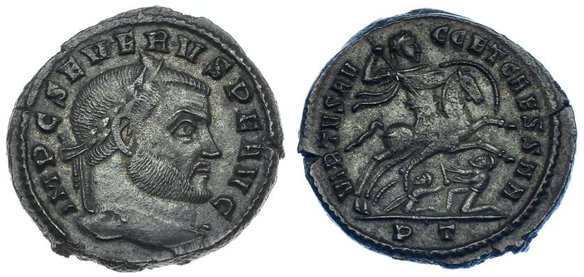 591   -  IMPERIO ROMANO. SEVERO II. Follis. Ticinum (306-307). R/ Severo a caballo a der. blandiendo escudo y lanza, a sus pies dos enemigos arrodillados; VIRTVS AVGG ET CAESS NN, exergo PT. AE 9,25 g. 28,2 mm. RIC 81. MBC+. Escasa.