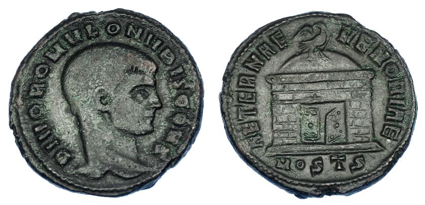 593   -  IMPERIO ROMANO. RÓMULO (hijo de Majencio). Follis. Acuñación póstuma. Ostia (309-312). A/ Cabeza a der.; DIVO ROMVLO N V BIS CONS. R/ Templo con cúpula rematada en águila; exergo MOSTS; AETERNA MEMORIA. AE 6,38 g. 24,3 mm. RIC-34. MBC-.