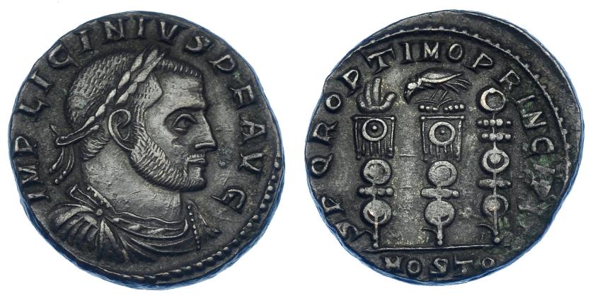 595   -  IMPERIO ROMANO. LICINIO I. Follis. Roma (312-313). R/ Tres signa; SPQR OPTIMO PRINCIPI, exergo MOSTO. AE 4,60 g. 20,8 mm. RIC-349c. MBC+.