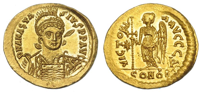604   -  IMPERIO BIZANTINO. ANASTASIO I. Constantinopla (507-518). R/ Victoria a izq. con cruz larga, a izq. estrella; VICTORIA AVGGG D(delta), exergo CONOB. AU 4,49 g. 21,4 mm. SBB-5. B.O. EBC+.