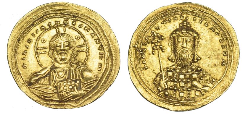 608   -  IMPERIO BIZANTINO. CONSTANTINO VIII. Histamenon nomisma. A/ Busto de Cristo nimbado. R/ Busto frontal del emperador con labarum y akakia. AU 4,42 g. 25,6 mm. SBB-1815. EBC-.