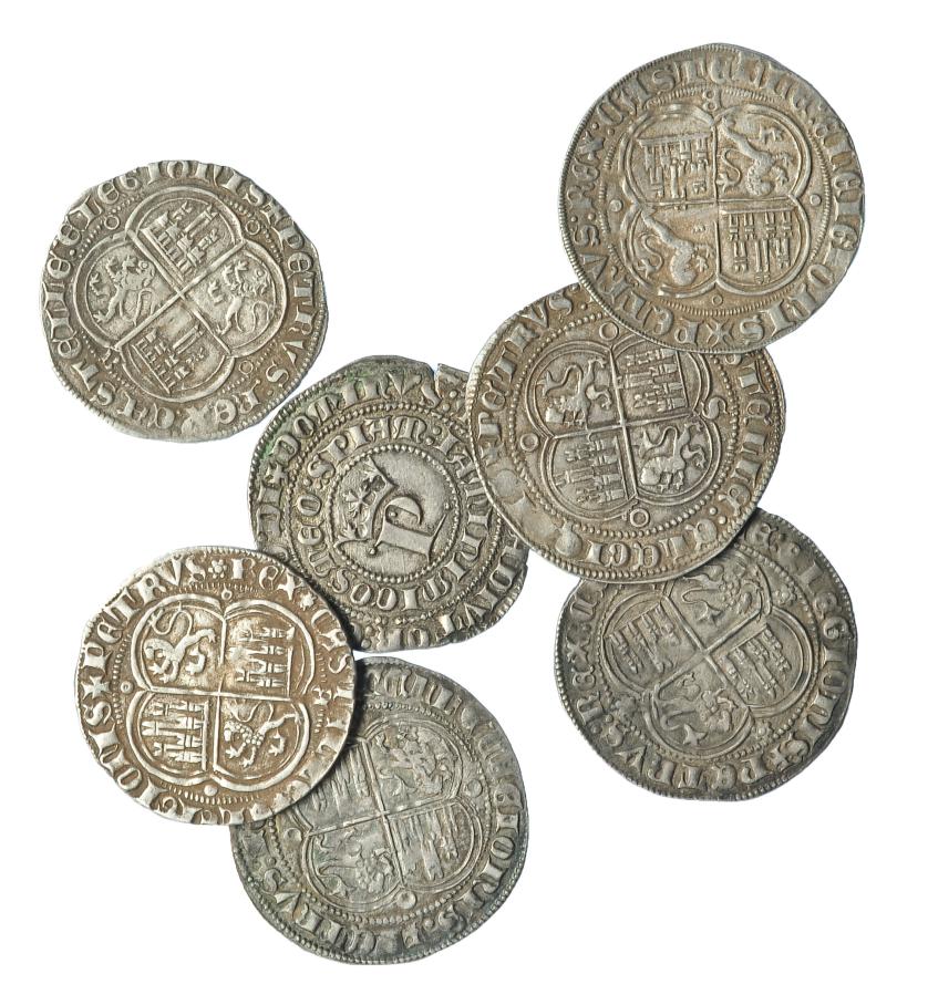 662   -  REINOS DE CASTILLA Y LEÓN. Lote de 7 monedas de 1 real de Pedro I: Burgos (3) y Sevilla (4). MBC/MBC+.