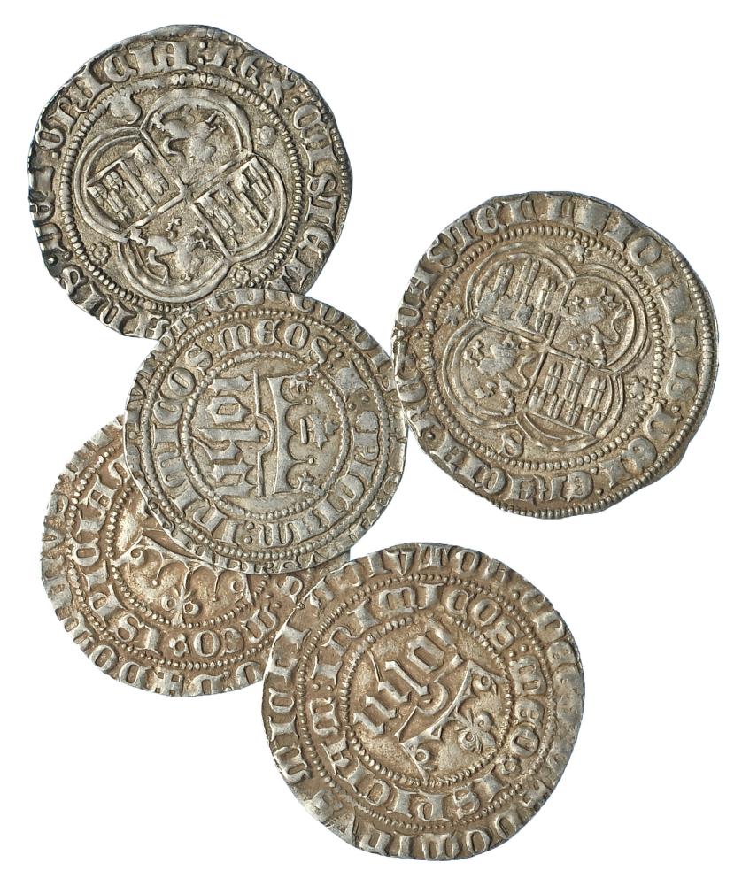 666   -  REINOS DE CASTILLA Y LEÓN. Lote de 5 monedas de 1 real de Juan I de Sevilla.