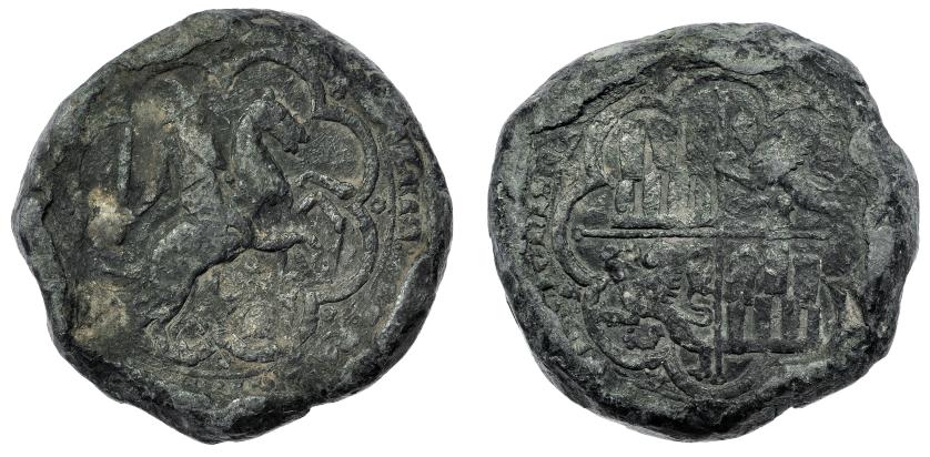 670   -  REINOS DE CASTILLA Y LEÓN. PEDRO I. Sello pendiente en plomo. PB 168,59 g. 56 mm. Guglieri-217-224. FN-pág. 145. Canto golpeado. BC+. Rara.