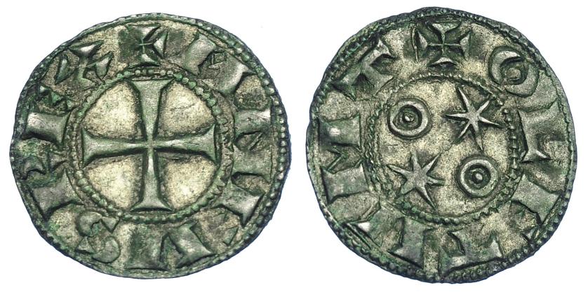 673   -  REINOS DE CASTILLA Y LEÓN. ALFONSO VI. Dinero. Toledo. A/ + ANFVS REX. R/ +OLETVMT. VE 0,94 g. 16,4 mm. III-8.1. BMM-No. MM-No. MBC+. Rara.