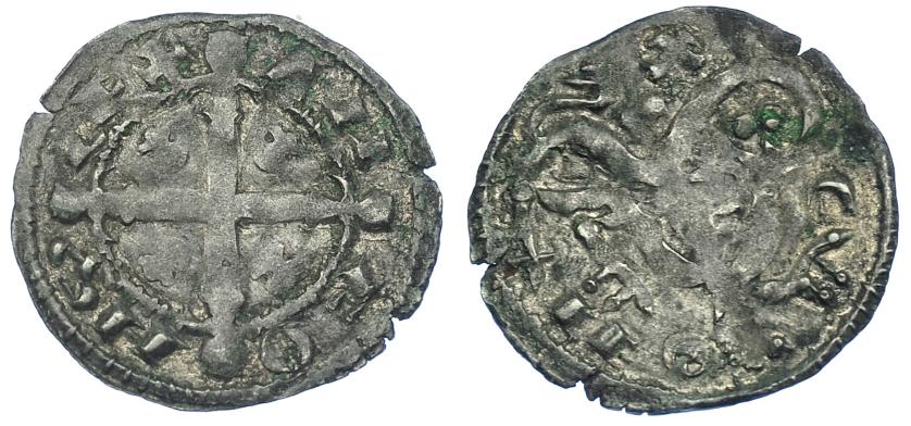 682   -  REINOS DE CASTILLA Y LEÓN. ALFONSO IX. Dinero. Marca C con la C hacia abajo. VE 0,74 g. 17,3 mm. III-123 vte. BMM-224 vte. MM-A9:5.6. Acuñación floja. MBC+. Escasa. 