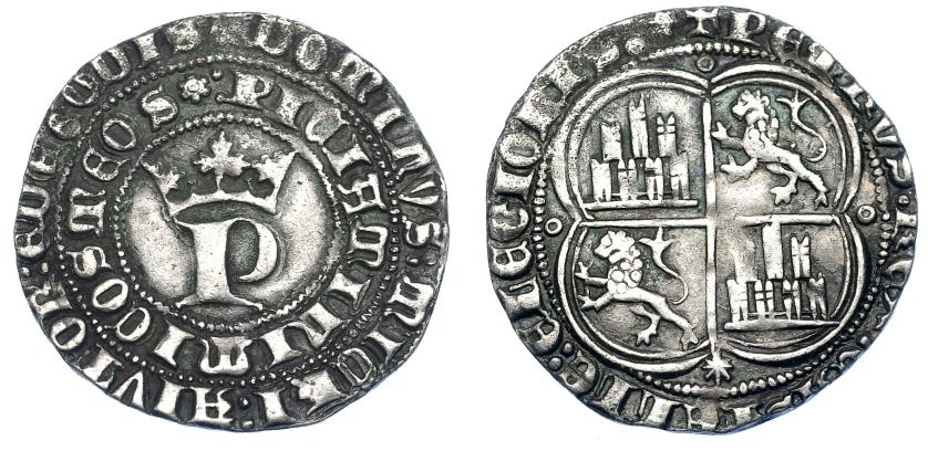 694   -  REINOS DE CASTILLA Y LEÓN. PEDRO I. Real. Coruña. R/ Final de la ley. : LEGIONIS. AR 3,38 g. 25,5 mm. III-379. BMM-529. Leves oxidaciones. MBC. Escasa.