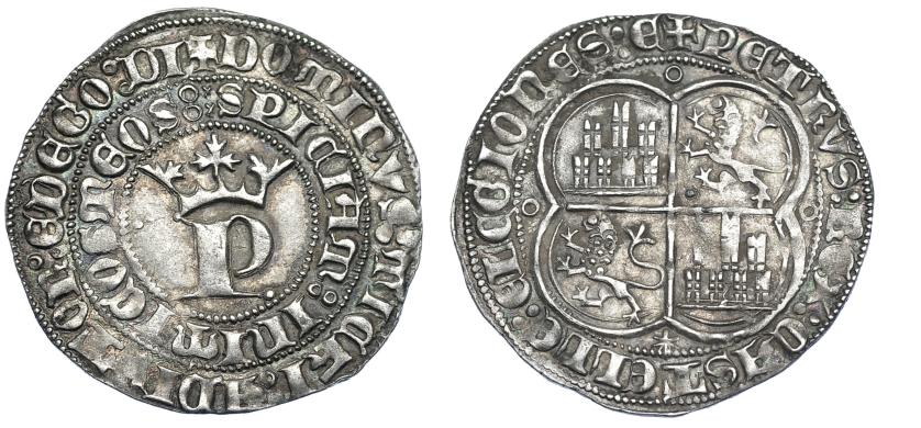 696   -  REINOS DE CASTILLA Y LEÓN. PEDRO I. Real. Coruña. R/ Final de la ley. : LEGIONES. AR 3,45 g. 27,4 mm. III-379. BMM-529. MBC+. Escasa.