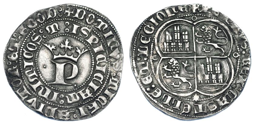 697   -  REINOS DE CASTILLA Y LEÓN. PEDRO I. Real. Coruña. A/ Punto a la izq. de la P. R/ Final de la ley. : LEGIONE. AR 3,42 g. 26,6 mm. III-379. BMM-529. MBC+. Escasa.