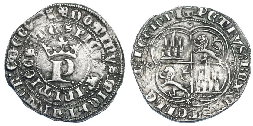 698   -  REINOS DE CASTILLA Y LEÓN. PEDRO I. Real. Coruña. A/ Punto en el interior de la P. R/ Final de la ley. : LEGIONI. AR 3,49 g. 26,6 mm. III-379 vte. BMM-529 vte. MBC. Escasa.