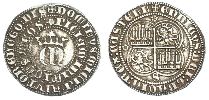 710   -  REINOS DE CASTILLA Y LEÓN. ENRIQUE II. Real. Sevilla. Florones con seis pétalos sin punto central. AR 3,45 g. 25,5 mm. III-406 vte. BMM-553 vte. MBC. 