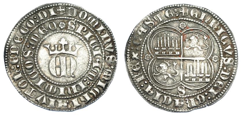 711   -  REINOS DE CASTILLA Y LEÓN. ENRIQUE II. Real. Sevilla. Florones con seis pétalos sin punto central. AR 3,46 g. 28,3 mm. III-406 vte. BMM-553 vte. MBC. 