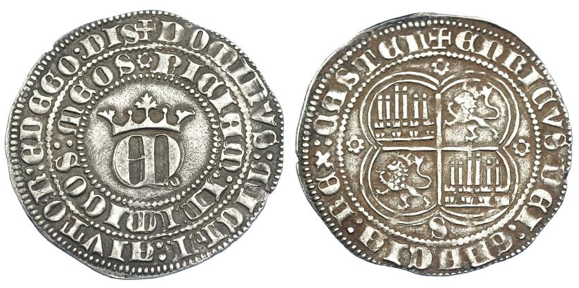 712   -  REINOS DE CASTILLA Y LEÓN. ENRIQUE II. Real. Sevilla. Florones con seis pétalos sin punto central. AR 3,48 g. 28,1 mm. III-406 vte. BMM-553 vte. MBC+. 