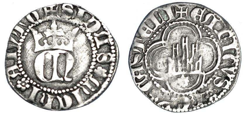 715   -  REINOS DE CASTILLA Y LEÓN. ENRIQUE II. 1/2 real. Coruña. A/ + SI DAS*MICHI* AIVTO. R/ ENRICVS REX CASTELL; florones separando la leyenda de rev. AR 1,59 g. 19 mm. III-408 vte. BMM-562.1. MBC-. Rara.