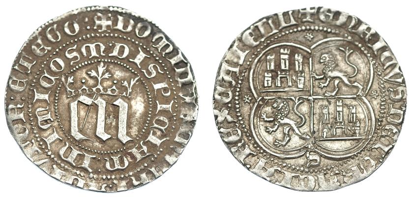 728   -  REINOS DE CASTILLA Y LEÓN. ENRIQUE III. Real. Sevilla. E y N grandes. AR 3,20 g. 26,8 mm. III-585 vte. BMM-759 vte. EBC.