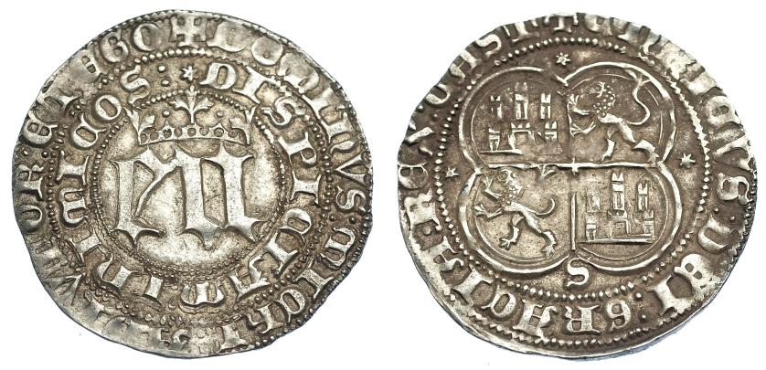 729   -  REINOS DE CASTILLA Y LEÓN. ENRIQUE III. Real. Sevilla. E y N grandes. AR 3,52 g. 28,2 mm. III-585 vte. BMM-759 vte. EBC-.